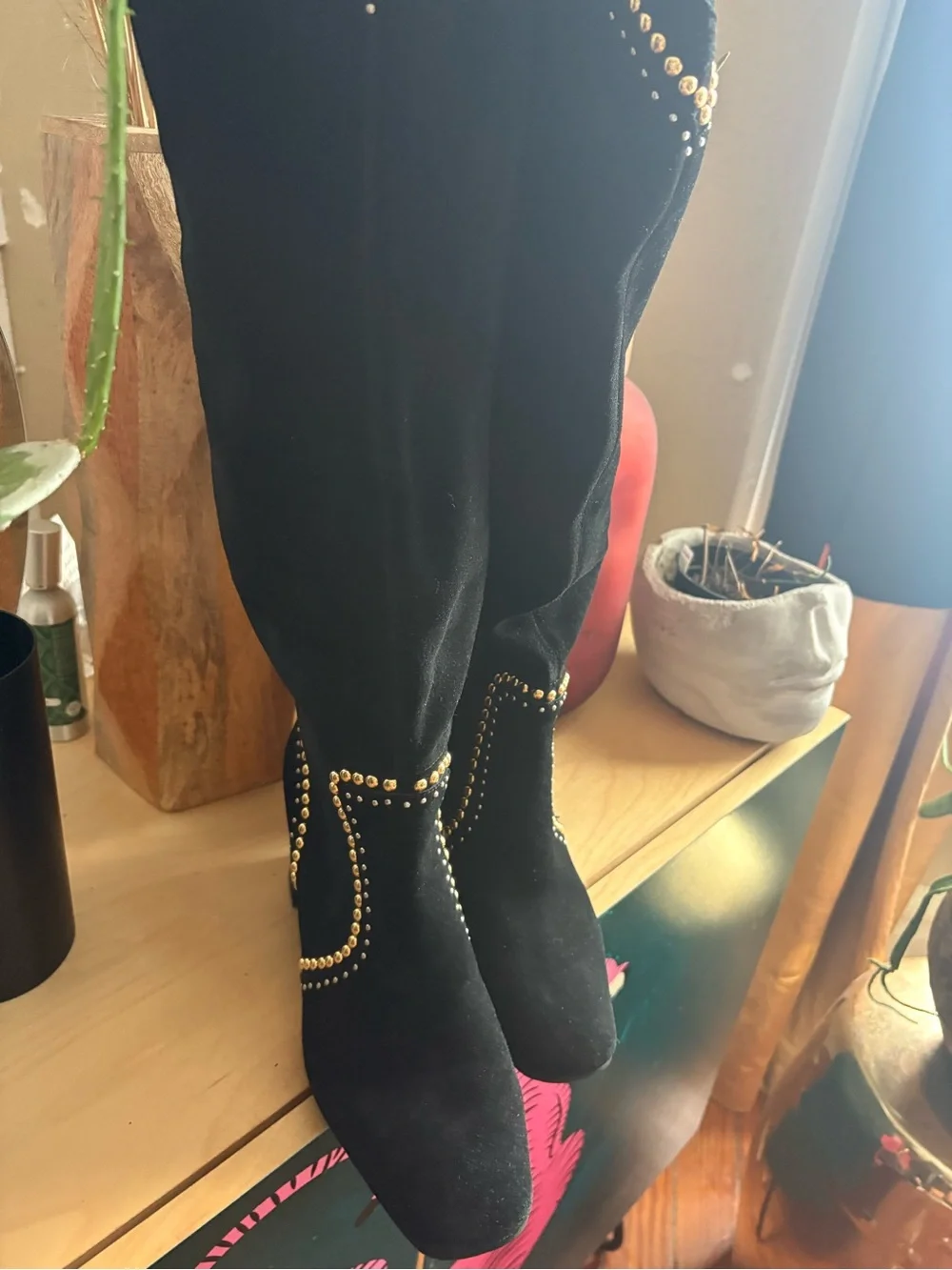 Free People / Jeffrey Campbell Black Suede Over-the-Knee Boots with Gold Studs